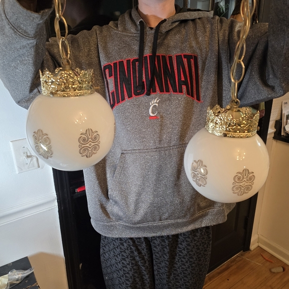 Vtg MCM Glass Globe Hanging Ceiling Swag Light Pendants Lamp Gold Hollywood Rege - Picture 2 of 10